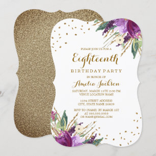 Invitation Fleur Or Violet Aquarelle 18e Anniversaire