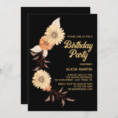 Invitation Fleur orange classique Botanique Or Noir Anniversa (Devant / Derrière)