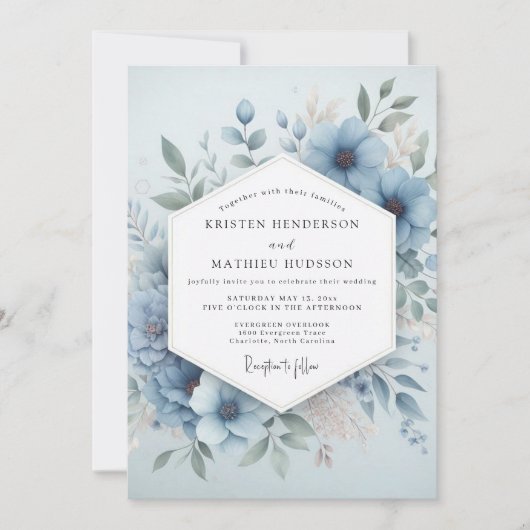 Invitation Fleur Pâle Bleue Mariage Éthéré (Devant)