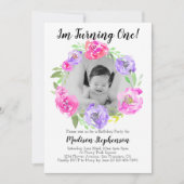 Invitation Fleur Photo Fille Bébés 1er anniversaire fête (Devant)