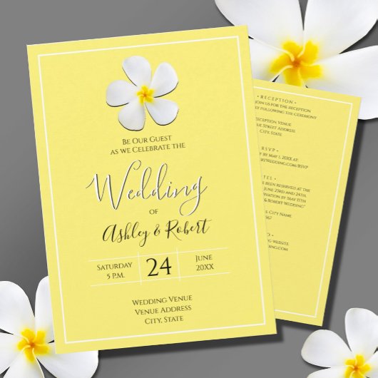 Invitation Fleur Plumeria blanche sur Jaune, Mariage moderne