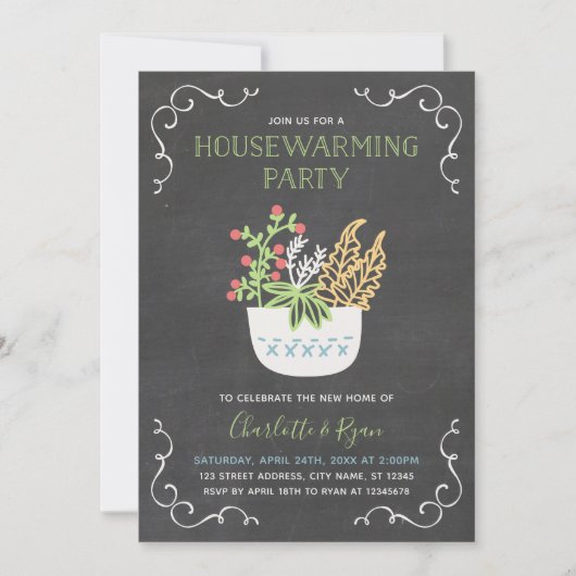Invitation Fleur Pot Chalkboard Green House Party (Devant)