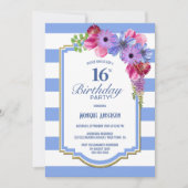 Invitation Fleur rayée bleue 16e fête d'anniversaire (Devant)
