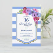 Invitation Fleur rayée bleue 16e fête d'anniversaire (Debout devant)