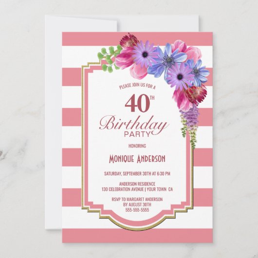 Invitation Fleur rayée rose 40e fête d'anniversaire (Devant)