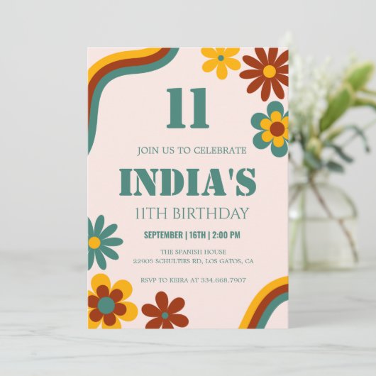 Invitation Fleur rétro 11e anniversaire (Debout devant)