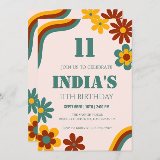 Invitation Fleur rétro 11e anniversaire (Devant / Derrière)