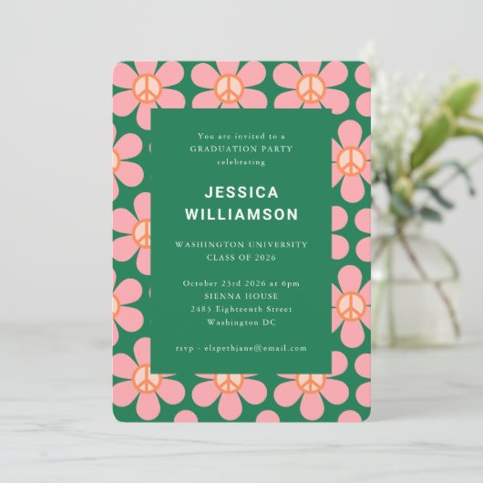 Invitation Fleur Retro Peace Pink Green Graduation Party (Debout devant)