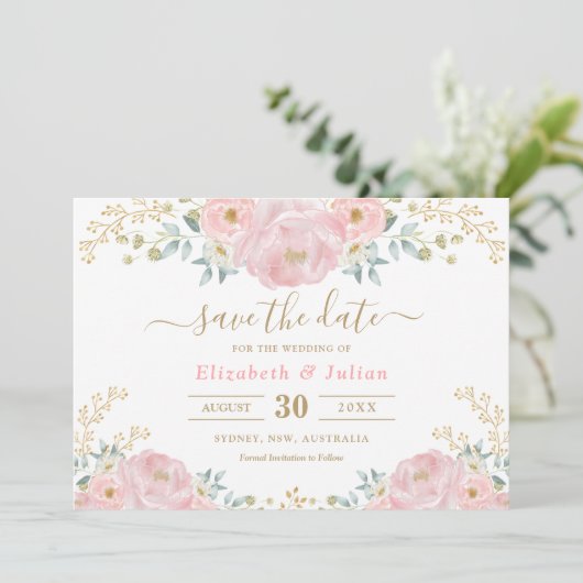 Invitation Fleur romantique Soft Rose or Floral Enregistrer l (Debout devant)
