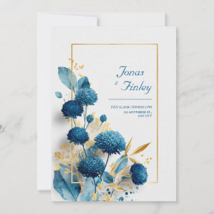 Invitation Fleur ronde bleu saphir profond avec feuille d'or