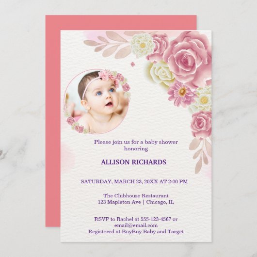 Invitation Fleur rose (Devant / Derrière)