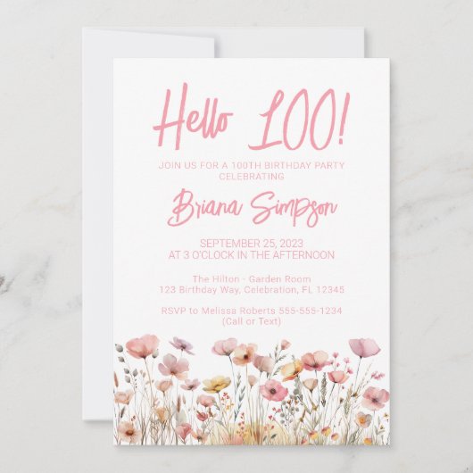 Invitation Fleur rose 100e fête d'anniversaire (Devant)