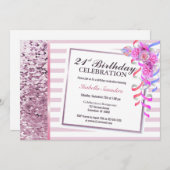 Invitation Fleur rose 21e fête d'anniversaire (Devant / Derrière)