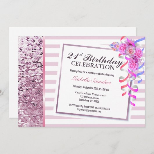 Invitation Fleur rose 21e fête d'anniversaire (Devant / Derrière)