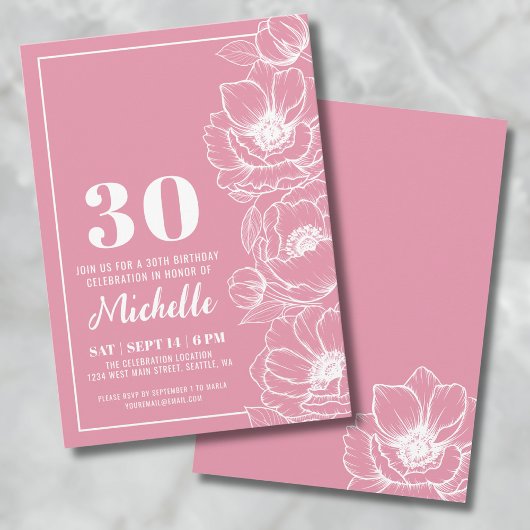 Invitation Fleur rose 30e anniversaire