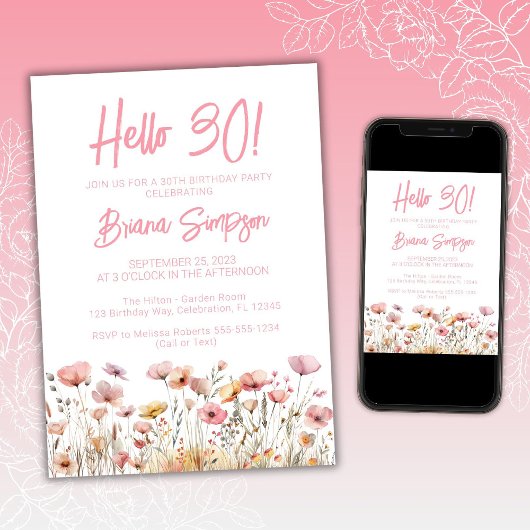 Invitation Fleur rose 30e fête d'anniversaire