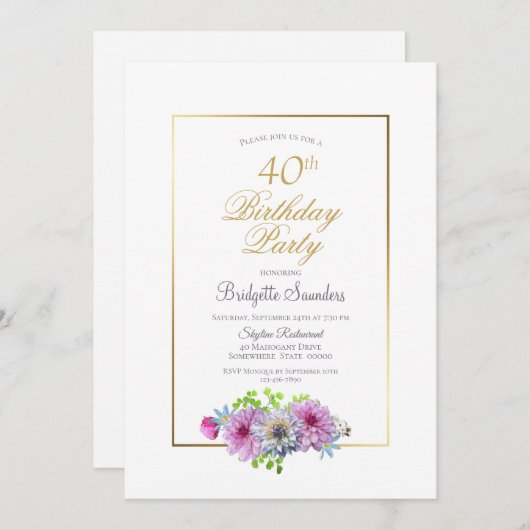 Invitation Fleur rose 40e fête d'anniversaire (Devant / Derrière)