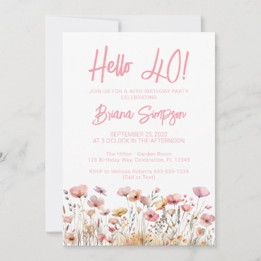 Invitation Fleur rose 40e fête d'anniversaire (Devant)