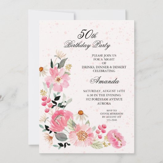 Invitation Fleur rose 50e fête d'anniversaire (Devant)