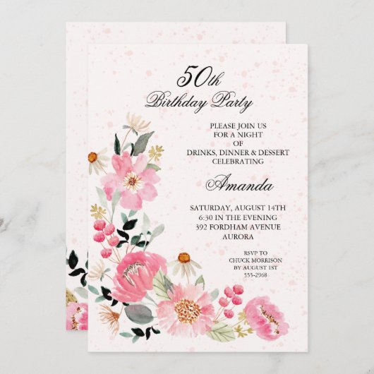 Invitation Fleur rose 50e fête d'anniversaire (Devant / Derrière)