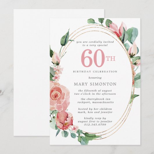 Invitation Fleur rose 60e fête d'anniversaire (Devant / Derrière)
