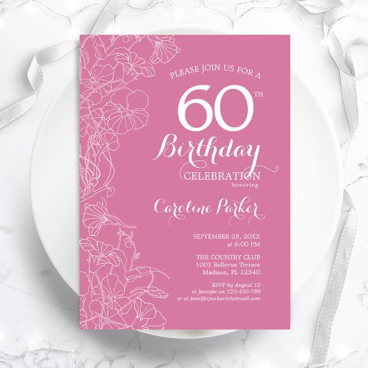 Invitation Fleur rose 60e fête d'anniversaire