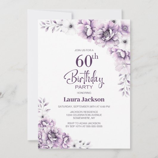 Invitation Fleur rose 60e fête d'anniversaire (Devant)