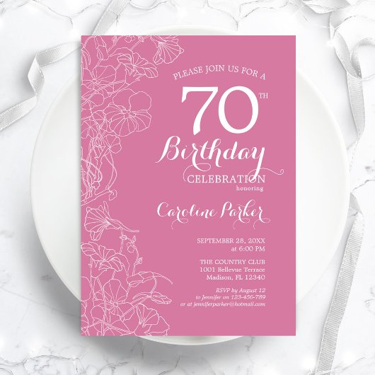 Invitation Fleur rose 70e fête d'anniversaire