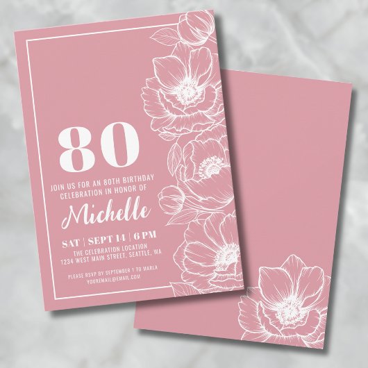 Invitation Fleur rose 80e anniversaire