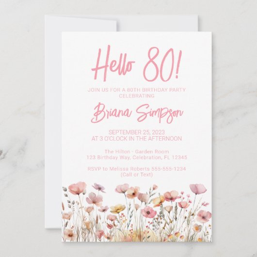 Invitation Fleur rose 80e fête d'anniversaire (Devant)