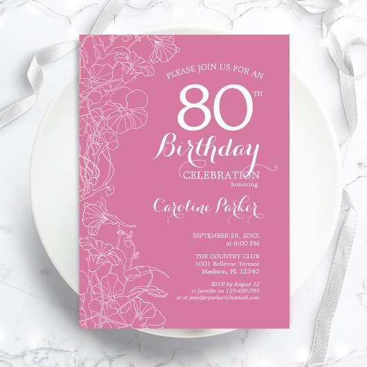 Invitation Fleur rose 80e fête d'anniversaire