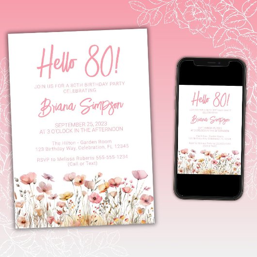 Invitation Fleur rose 80e fête d'anniversaire