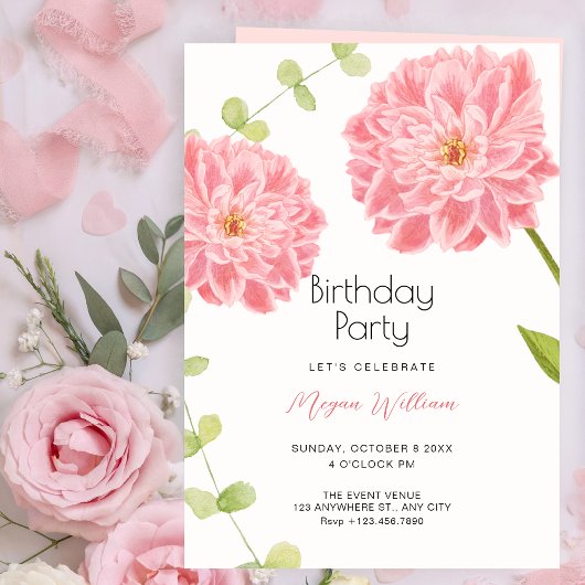 Invitation Fleur rose anniversaire de naissance