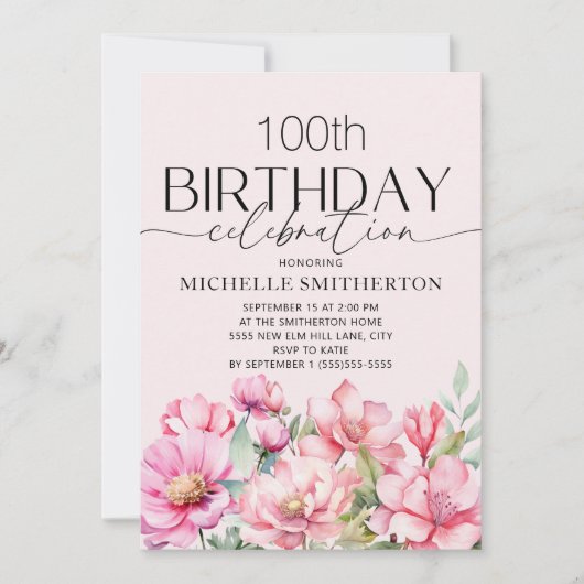 Invitation Fleur rose aquarelle 100e anniversaire (Devant)
