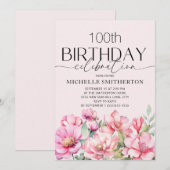 Invitation Fleur rose aquarelle 100e anniversaire (Devant / Derrière)