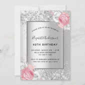Invitation Fleur rose argent élégant anniversaire glamour (Devant)