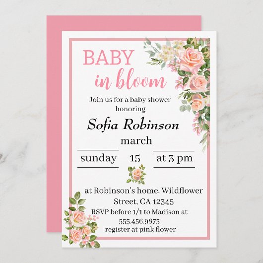 Invitation fleur rose bébé en fleurs fille baby shower