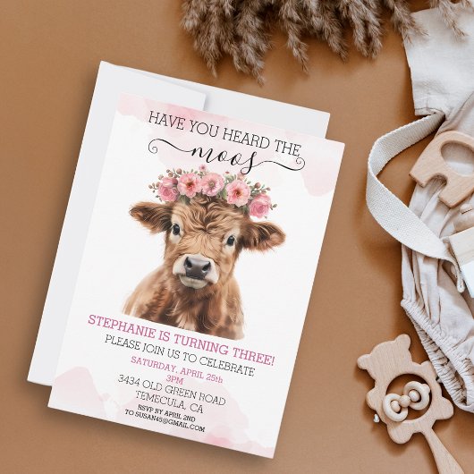 Invitation Fleur rose bébé vache des Highlands anniversaire
