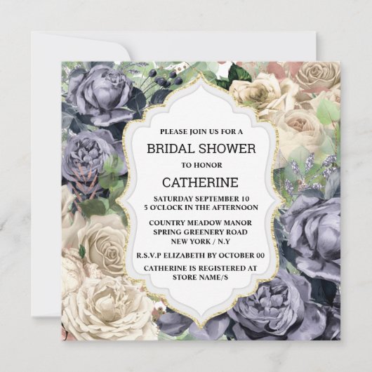 Invitation Fleur rose blanche violette élégant cadre vintage (Devant)