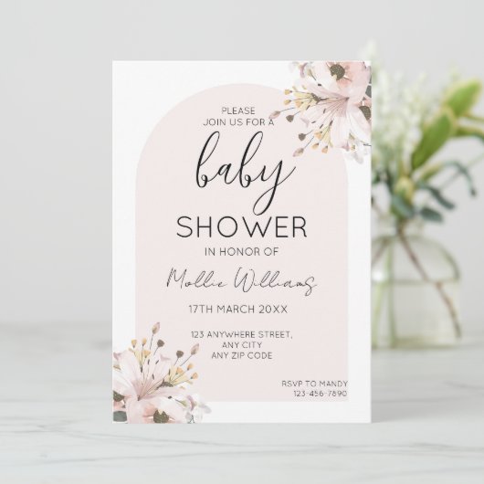 Invitation Fleur rose Boho baby shower (Debout devant)