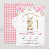 Invitation Fleur rose Bunny Or Bunny un premier anniversaire (Devant / Derrière)