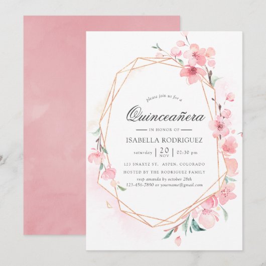 Invitation Fleur rose cerisier Géométrique Quinceañera (Devant / Derrière)