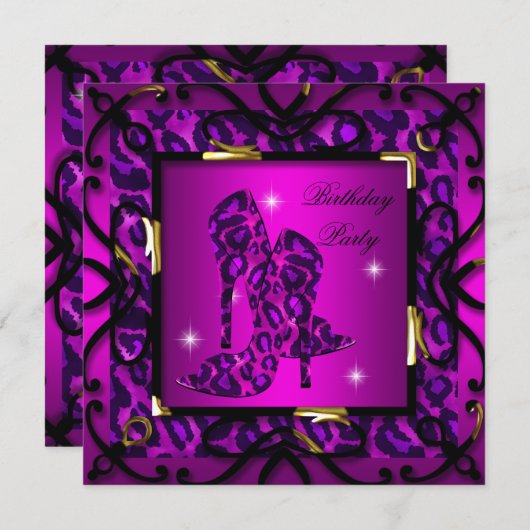 Invitation Fleur rose chaud haut talon léopard fête d'anniver (Devant / Derrière)