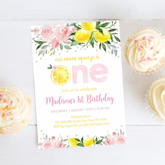 Invitation Fleur rose Citron principal Squeeze premier annive