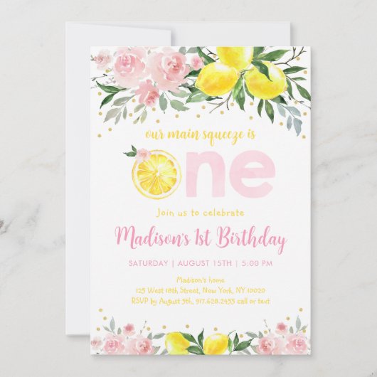 Invitation Fleur rose Citron principal Squeeze premier annive (Devant)