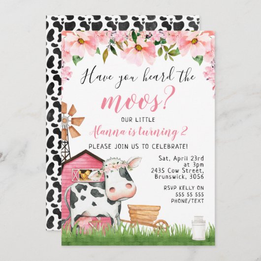 Invitation Fleur Rose Daisy Entendre La Vache Moos Anniversai (Devant / Derrière)