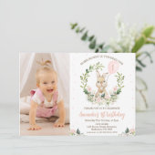 Invitation Fleur rose de couronne Photo Un lapin 1er annivers (Debout devant)