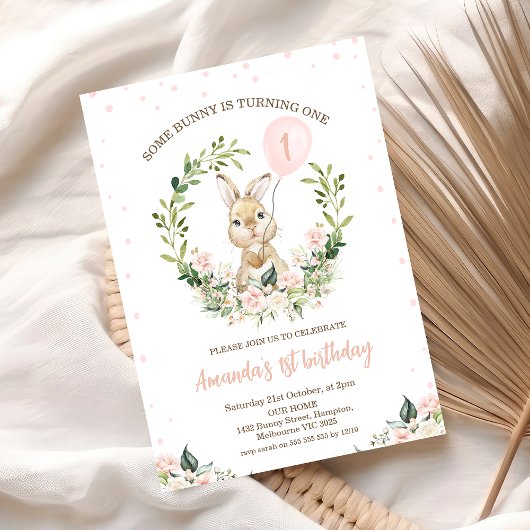 Invitation Fleur rose de germe Un lapin 1er anniversaire