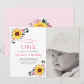 Invitation Fleur rose de tournesol 1er anniversaire fête de p (Devant / Derrière)
