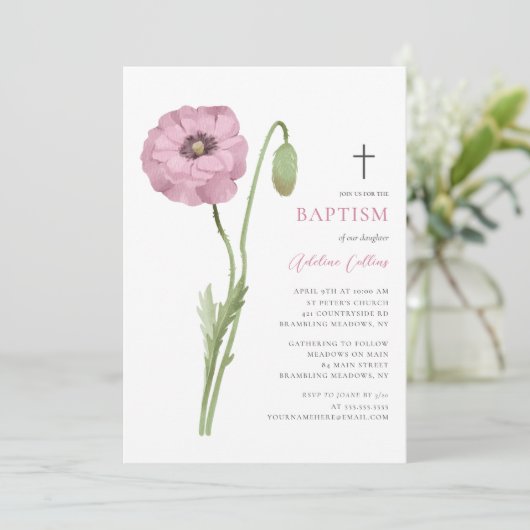 Invitation Fleur rose douce Blossom Élégant Script Baptême (Debout devant)